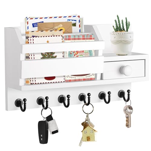 VIS'V Key Holder Wall Mount, Wooden Mail and Key Organizer, White | Contains Little Drawer, Small Shelf, 2 Slots, 6 Hooks, for Entryway, Hallway, Doorway, Kitchen, Garage, RV - color: White