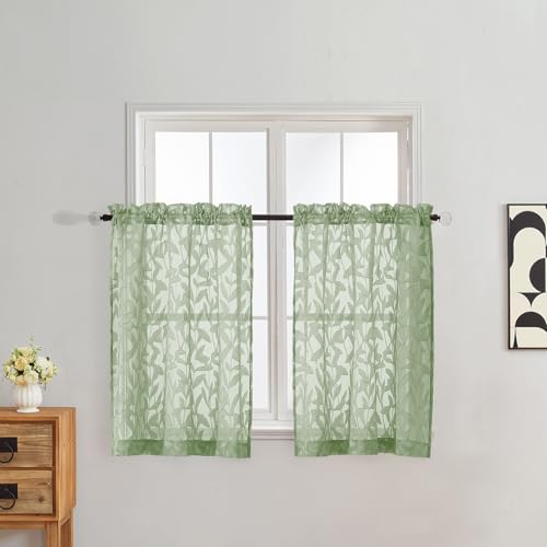 Gwine Sage Green Sheer Curtains 30 Inch Length, Light Filtering Leaf Clip Jacquard Textured Short Cafe Curtains, Rod Pocket Half Window Curtain for Bathroom Basement RV Camper, 42x30 Inch, 2PCS - color: Sage Green, size: 42"W x 30"L (Pack of 2)