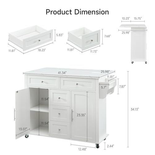 47" Kitchen Island with 2 Storage Cabinets & 5 Drawers, White | Mobile Island Table for Kitchen with Imitation Marble Drop Leaf, Rolling Island Cart with Power Outlet, Spice Rack - color: White