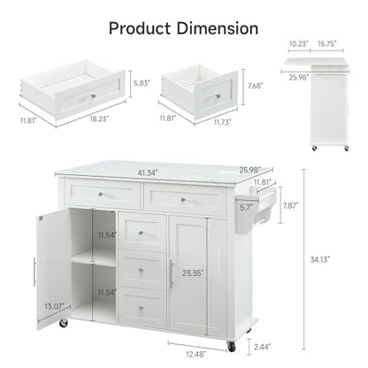 47" Kitchen Island with 2 Storage Cabinets & 5 Drawers, White | Mobile Island Table for Kitchen with Imitation Marble Drop Leaf, Rolling Island Cart with Power Outlet, Spice Rack - color: White
