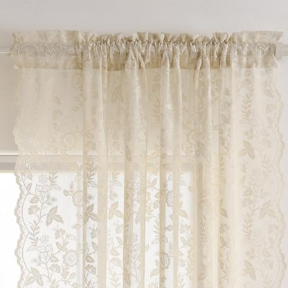 Beige Lace Kitchen Curtains Rustic Leaf Floral W42 x L45 Inch 2 Panels | Rod Pocket, Airy Knit Falls, Rays Diffused, Earthy Tone Warms Rustic Rooms, Compact Drape Keeps Sills Clear, Privacy - color: Beige, size: 42"W x 45"L (Pack of 2)