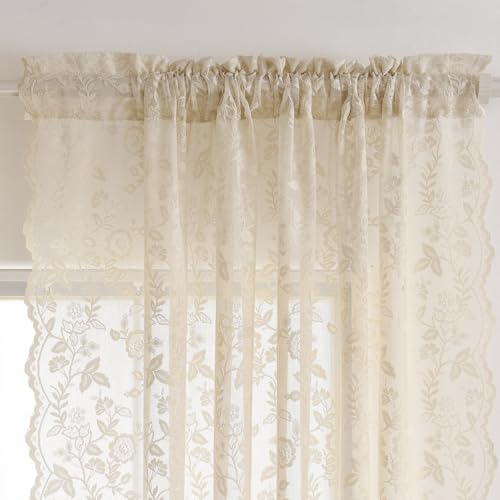 FINECITY Beige Lace Curtains Rustic Leaf Floral 42 x 84 Inch, 2 Panels | Rod Pocket, Airy Knit Settles, Rays Muted, Earthy Tone Fits Country Style, Standard Fall Frames Windows, Privacy - color: Beige, size: 42"W x 84"L (Pack of 2)
