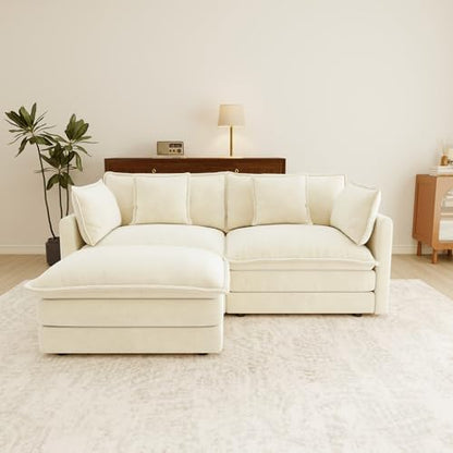 76.7” Oversized Beige White Loveseat Sofa, 2 Seater Large Sectional Couches for Living Room, Chenille Fabric Modular Sectional Sofa with 1 Ottoman, Deep Seat Home Sofas Set, Love Seat Couches - color: Beige White, size: 2 Seater + 1 Ottoman