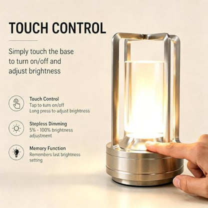 Rechargeable Crystal Table Lamp, 3-Color Touch LED, Silver | Silver metal crystal lantern, 3-color touch dimming, USB-C rechargeable, compact 7.1 in accent light for patio table - style: silvery-1