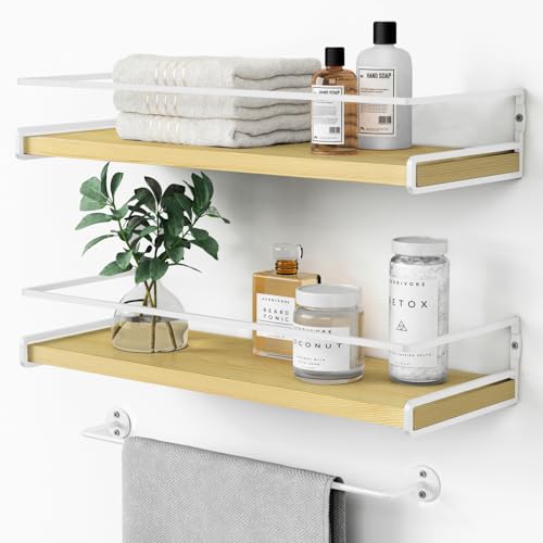 Forbena Natural Wood Bathroom Floating Shelves for Wall Set of 2, Light Wood Wall Shelves with Rail for Bathroom Nursery Office (Natural Wood and White) - color: 9. Natural Wood