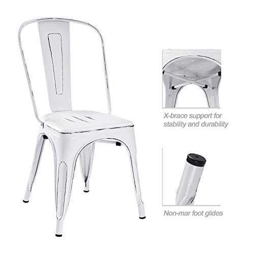 Devoko Metal Indoor-Outdoor Chairs Distressed Style Kitchen Dining Chairs Stackable Side Chair with Back Set of 4 (White) - color: White