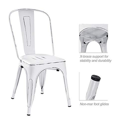 Devoko Metal Indoor-Outdoor Chairs Distressed Style Kitchen Dining Chairs Stackable Side Chair with Back Set of 4 (White) - color: White