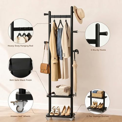 Small Clothes Rack Solid Wood Coat Rack Freestanding with Wheels | Space Saving, Stable 5 Hooks 2 Shelves Coat Tree, Silent 360 Degree Wheels, Heavy Duty 150 lb Capacity for Entryway Bedroom - color: Black, size: S: 15.7" x W: 11.8" x H: 70" (With Wheels)