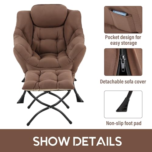 Lazy Chair with Ottoman, Comfy Accent Reading Chair, Dark Brown | Foldable Footrest,Removable Cover,with Armrests and Side Pockets,Upholstered Lounge Chair for Bedroom,Dorm,Office,Small Space - color: Dark Brown