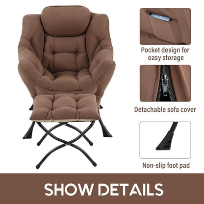 Lazy Chair with Ottoman, Comfy Accent Reading Chair, Dark Brown | Foldable Footrest,Removable Cover,with Armrests and Side Pockets,Upholstered Lounge Chair for Bedroom,Dorm,Office,Small Space - color: Dark Brown
