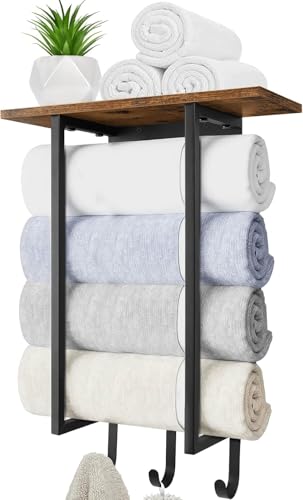 ELITEROO Towel Racks for Bathroom Wall Mounted, Hanging Towel Holder | Wood Towel Rack Shelf with 3 Hook for Washcloths Hand Towel, Bath Towel Storage Organizer for Bathroom, RV, Rustic Brown - color: Rustic Brown