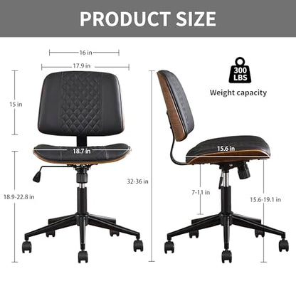 VipDesk Modern Black Home Office Chair – Armless Mid-Back Desk Chair with PU Leather, Adjustable Height, Swivel Wheels, Walnut Wood Finish, Perfect for Small Spaces - color: Black, size: MCM Style