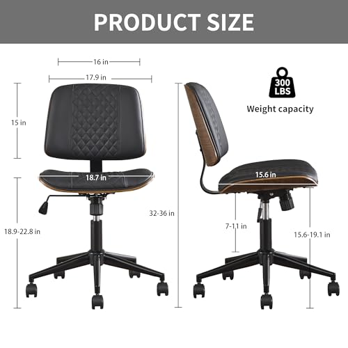 VipDesk Modern Black Home Office Chair – Armless Mid-Back Desk Chair with PU Leather, Adjustable Height, Swivel Wheels, Walnut Wood Finish, Perfect for Small Spaces - color: Black, size: MCM Style