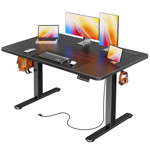 Huuger 전원 콘센트 및 USB-C 포트가 있는 전기 스탠딩 데스크, 119.9 x 61cm(47 x 24인치) 높이 조절 가능한 책상, 홈 오피스, 컴퓨터 및 게이밍 책상용 앉은 스탠드 데스크, 4개의 프리셋, 안정적인 스틸 프레임, 블랙 - color: 블랙., size: 47.2 x 23.6 inch