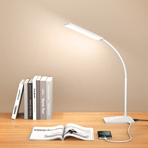 Vansuny Eye-Caring LED Desk Lamp, Reading Light with USB Charging Port | 5 Color Modes,6 Brightness Levels, Touch Control, Adjustable Neck, Memory Function for Dorm Office Work Bedroom,12W,Black - color: White USB Charger