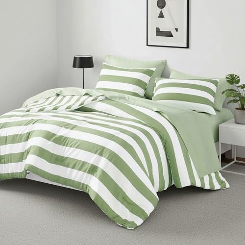 Reversible Striped King Comforter Set-Bed in A Bag 7-Pieces Bedding Set with Double-sided Stripes Design-Warm & Cozy Bed Set Includes King Size Comforter, Sheets set, Pillowcases and Shams, Sage Green - color: Sage Green, size: King