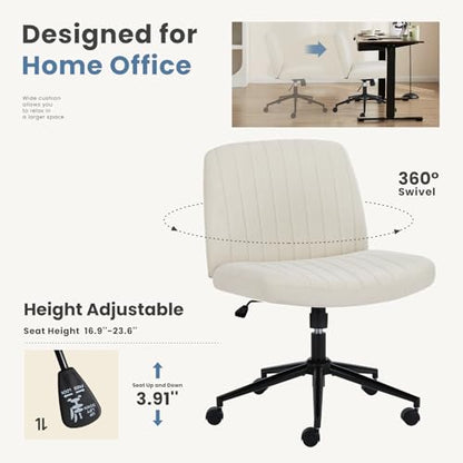 DUMOS Criss Cross Chair with Wheels, Wide Cross Legged Office Desk Vanity Chairs, Armless Height Adjustable Swivel Chairs for Home Computer Task, Fabric, Beige Wheel - color: Beige Wheel