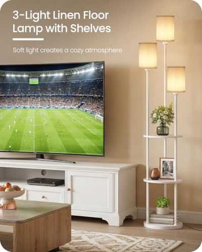 Floor Lamp with Shelves, Modern Floor Lamp with 3 Linen Shades and Foot Switch, 3-Light Standing Lamp, for Living Room, Bedroom, Study, Office, White W53LD05 - color: White