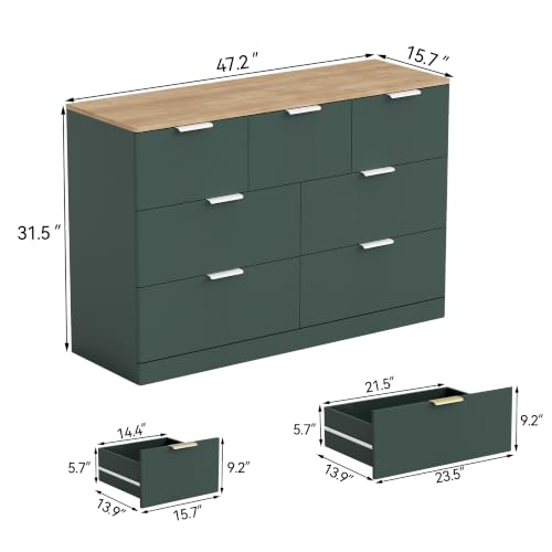 7 Drawer Dresser for Bedroom, 47.2" Wide Modern Chest of Drawers with 7 Large Storage Space with Curved Edge Design, Large Dresser w/Metal Handles for Bedroom,Green & Brown - color: Green & Brown, size: 15.7"D x 47.2"W x 31.5"H (7 Drawers)