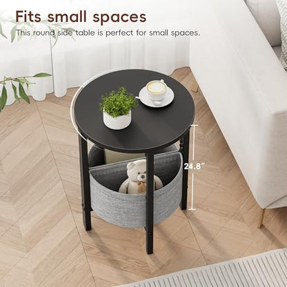 Small Round Side Table End Table, Tall Accent Table with Storage Basket, Set of 2 Half Round Tables Half Moon Tables, Coffee Bedside Tables, Modern Nightstand for Living Room Bedroom, Black - color: Black