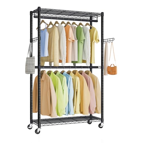 SONGMICS Heavy-Duty Rolling Clothes Rack, Garment Rack, Portable Closet on Wheels, with Adjustable Mesh Shelves and Hanging Rails, Hooks, 15.8 x 35.4 x 78.3 Inches, Ink Black ULGR416BH01 - size: 35.4"W