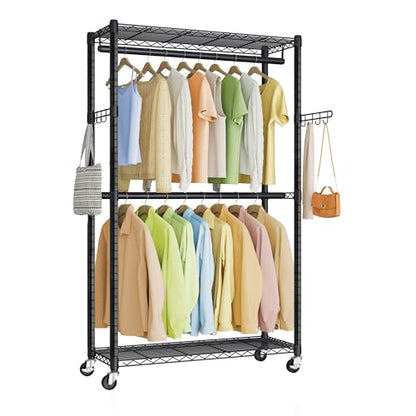 SONGMICS Heavy-Duty Rolling Clothes Rack, Garment Rack, Portable Closet on Wheels, with Adjustable Mesh Shelves and Hanging Rails, Hooks, 15.8 x 35.4 x 78.3 Inches, Ink Black ULGR416BH01 - size: 35.4"W