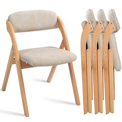 Folding Chairs with Cushion Padded Foldable Chiars 4 Pack | Wooden Dining Fold Seat with Removable Cover Extra Chair for Guests Kitchen Office Wedding Party Picnic, Cream - color: Cream, size: 4PCS