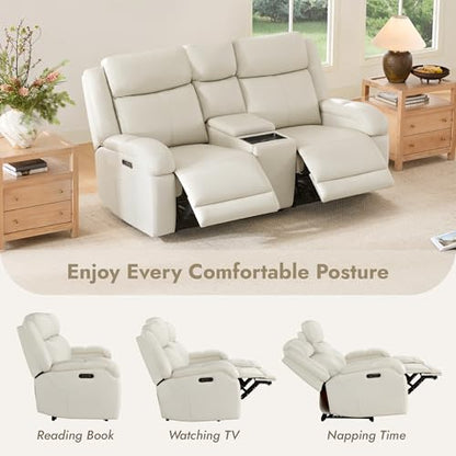Watson & Whitely Genuine Leather Power Recliner Sofa & Loveseat Set, Cream | Wall Hugger Reclining Sofas, Power Headrest, Center Storage Console, Charging Ports, Cup Holders, Living Room Furniture Set - color: Cream, style: Loveseat+3 Seater Sofa