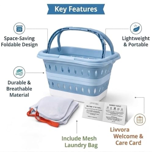 Livvora Collapsible Laundry Basket with Mesh Bag & Care Guide Card | Space-saving collapsible design with breathable construction to help keep laundry fresh and organized.