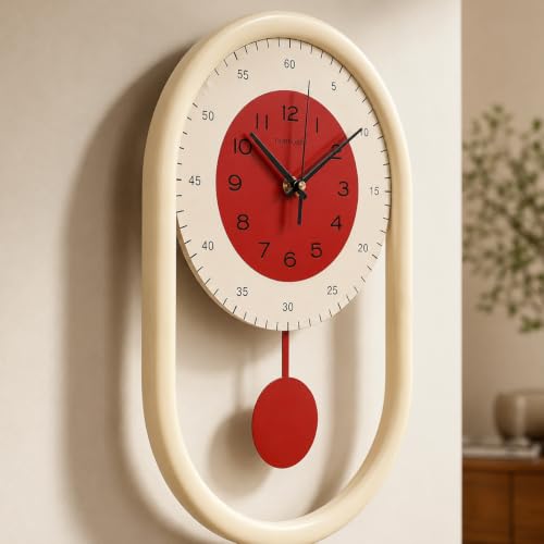 Modern Pendulum Wall Clock for Living Room Kitchen Bedroom Farmhouse Decor | 8*15.5 Inch Silent Battery Operated White and Red Decorative Mid Century Minimalist Metal Wall Clock - color: Red