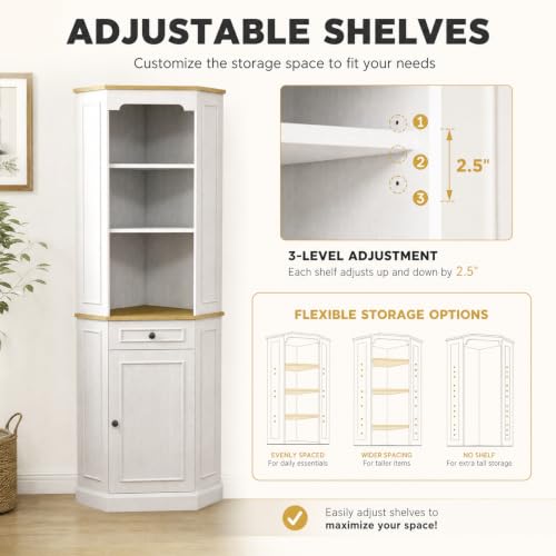 68" Tall Corner Cabinet with Adjustable Shelves | Bar Storage Cabinet with Drawer & Door, Freestanding Wood Corner Bookshelf for Bathroom, Living room, Dining room & Kitchen