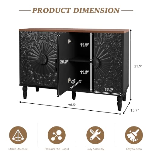 Sideboard Buffet Cabinet with 4 Carved Flower Doors, Black | Vintage Accent Cabinet with Storage, Decorative Wood Credenza for Living Room, Hallway, Dining Room, Kitchen - color: Black