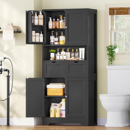 Kitchen Pantry Cabinet with Adjustable Shelf, Tall Storage Cabinet with 2 Drawers & 4 Door Shelves, Food Pantry Cabinets, for Kitchen, Dining Room, Living Room, Black - color: Black