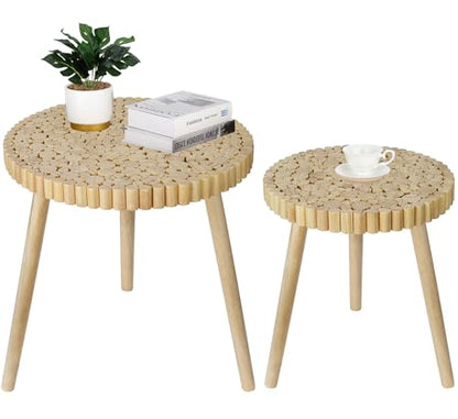 Round Coffee Table Set of 2, Farmhouse Nesting Coffee Table, Small Circle Wood Coffee Table, Mid Century Modern Nightstand, Boho Patio Side Table End Tables for Living Room Bedroom Balcony Outdoor - color: Farmhouse Style