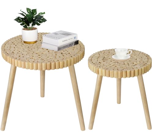 Round Coffee Table Set of 2, Farmhouse Nesting Coffee Table, Small Circle Wood Coffee Table, Mid Century Modern Nightstand, Boho Patio Side Table End Tables for Living Room Bedroom Balcony Outdoor - color: Farmhouse Style