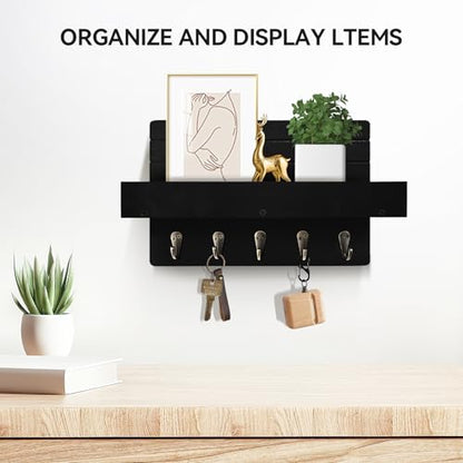 Key Holder Wall Mount, Decorative Key Rack with Shelf & 5 Sturdy Hooks, Rustic Key Hooks for Wall for Mail Organizer Hanging Dog Leash, Glasses, Wooden Key Hanger with Mounting Hardware