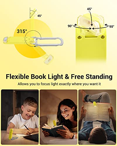 DEWENWILS Rechargeable Book Light for Reading in Bed, Warm White, Brightness Adjustable for Eye Care, LED Clip on Book Lights for Kids, Portable Bookmark Light, Yellow | 315° Flexible Holder Bends, 2 Brightness Levels, Warm White, Portable Bookmark Light
