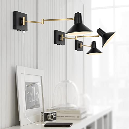 JONATHAN Y Hygge 1-Light Modern Swing Arm USB Sconce 8", Black/Brass Gold | Metal Construction, Plug-In Midcentury Bedside Wall Lamp, Cone Shade, Adjustable Head, LED Bulb Included - color: Black/Brass Gold