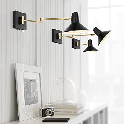 JONATHAN Y Hygge 1-Light Modern Swing Arm USB Sconce 8", Black/Brass Gold | Metal Construction, Plug-In Midcentury Bedside Wall Lamp, Cone Shade, Adjustable Head, LED Bulb Included - color: Black/Brass Gold