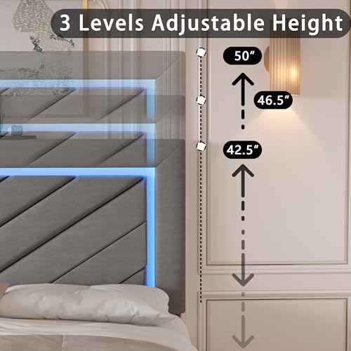 Full Size Bed Frame with Adjustable Headboard and Storage Drawer, Upholstered Bed Frame Full with RGB LED Lights and Charging Station, Easy Assembly, No Box Spring Needed, Grey - color: Grey, size: Full