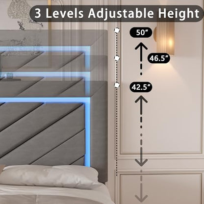 Full Size Bed Frame with Adjustable Headboard and Storage Drawer, Upholstered Bed Frame Full with RGB LED Lights and Charging Station, Easy Assembly, No Box Spring Needed, Grey - color: Grey, size: Full