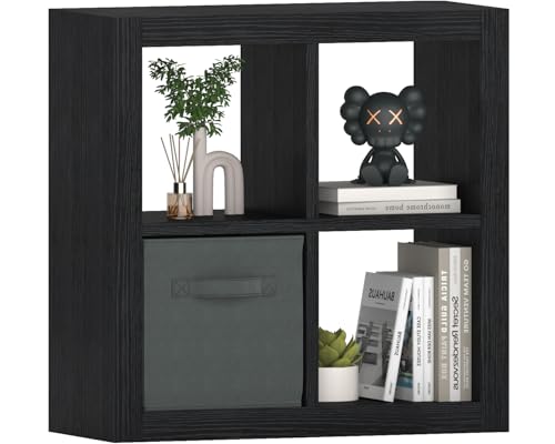 furtble Bookshelf with Storage Bin, 4-Cube Storage Organizer, Modern Wood Open Bookcase, Multifunctional Display Shelf for Living Room, Bedroom, Home Office, Black - color: Black, size: 4 cube