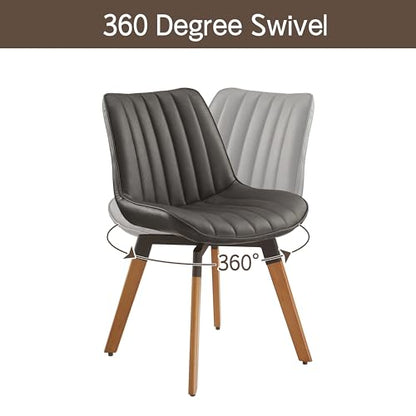 Mid Century Upholstered Swivel PU Dining Chairs Set of 2 Dark Gray | 360° swivel curved foam-padded seat armless design dining room chairs accent chairs solid wood legs floor protection pads - color: Black Gray, size: Set of 2-PU