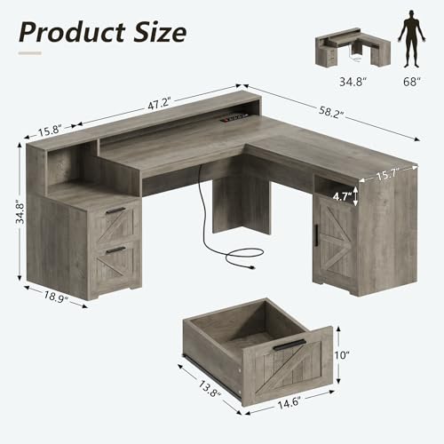 63" Farmhouse L Shaped Desk with Drawers & Printer Shelf for Home Office | Corner Computer Desk with Storage, Power Outlets, L Shaped Office Desk with Monitor Stand, Printer Shelf, Gray - color: Grey