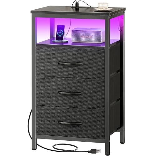 Huuger Night Stand with Charger Station and LED Lights, 3 Drawer Nightstand | Bed Side Table with Open ShelfEnd TableTall Fabric Dresser for Bedroom, Black - color: Black, size: 11.8"D x 15.7"W x 27.6"H（3 Drawers）