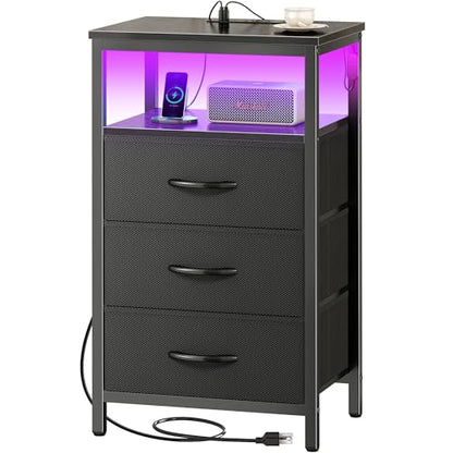 Huuger Night Stand with Charger Station and LED Lights, 3 Drawer Nightstand | Bed Side Table with Open ShelfEnd TableTall Fabric Dresser for Bedroom, Black - color: Black, size: 11.8"D x 15.7"W x 27.6"H（3 Drawers）