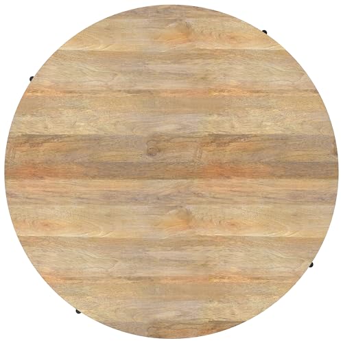 SIMPLIHOME Rayburn 38" Wide Solid Mango Wood Drum Coffee Table in Natural | Modern industrial coffee table with black metal legs and a large surface; round cocktail table or center table. - color: Refined Natural