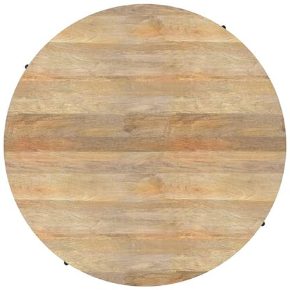 SIMPLIHOME Rayburn 38" Wide Solid Mango Wood Drum Coffee Table in Natural | Modern industrial coffee table with black metal legs and a large surface; round cocktail table or center table. - color: Refined Natural