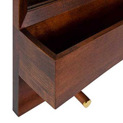 Kate and Laurel Hinter Mid-Century Framed Wall Mirror with Pocket Shelf, 24 x 24, Walnut Brown, Organizing Mail Holder and Wall Hooks