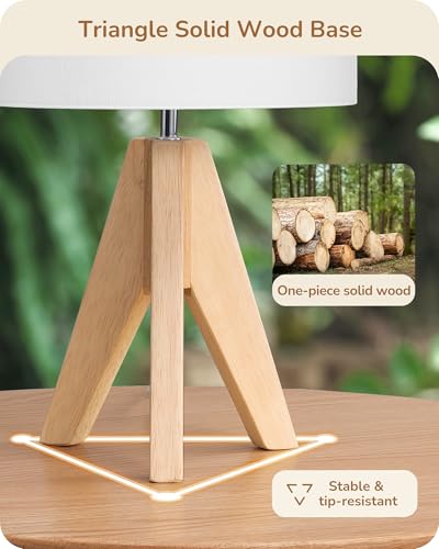 EDISHINE Small Cute Table Lamp, Wood Tripod Nightstand Lamp, 14.2 Inch | ON/Off Switch, E26 Socket, Linen Fabric Shade, Mid Century Bedside Lamp for Nursery, Living Room, Bedroom, End Table - color: Natural Wood&White Shade